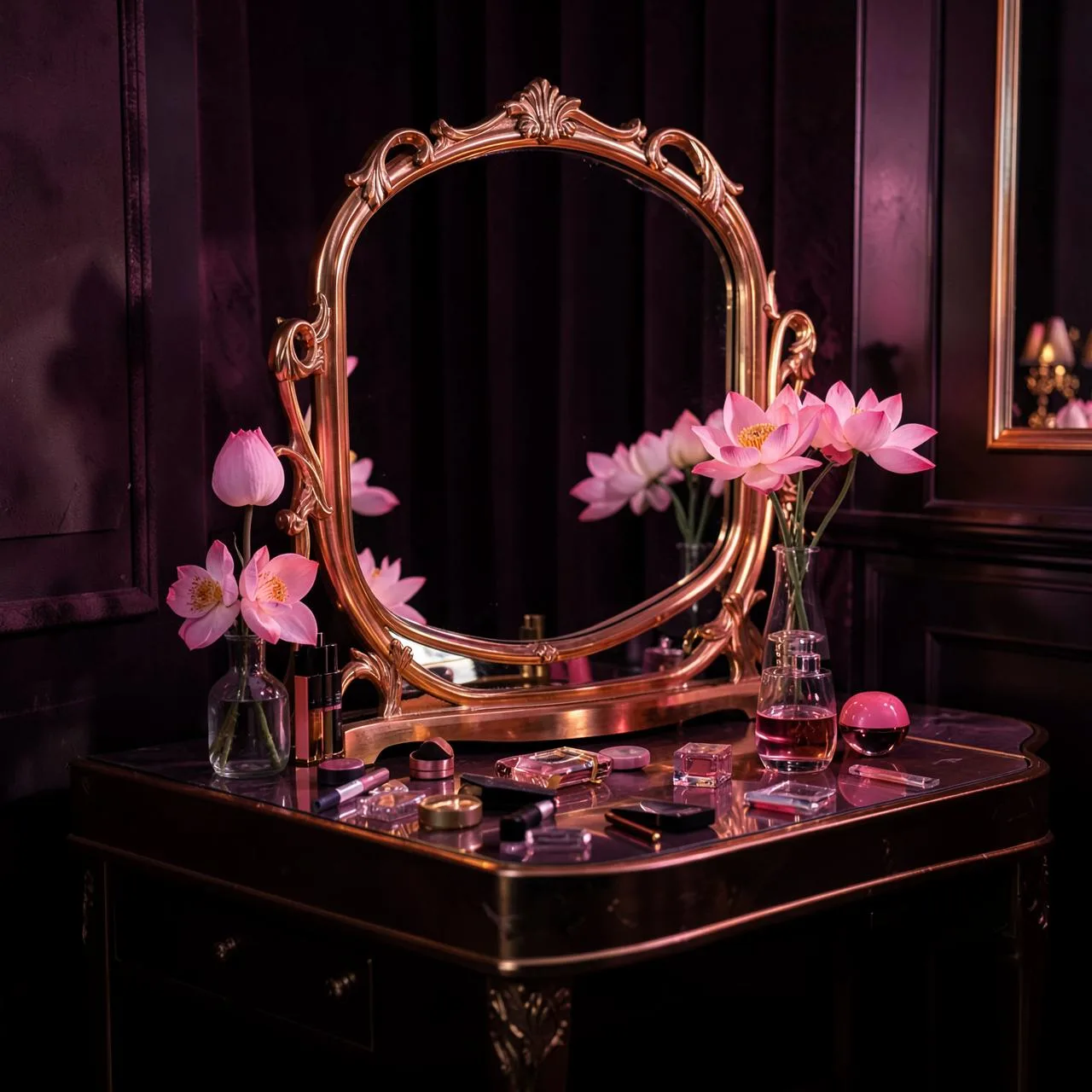 Pink Diamond Lotus products styled on a dark surface